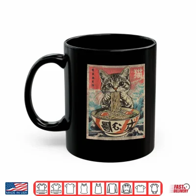 Mug Cat Eating Ramen Noodles Kawaii Anime Manga Japanese Food Shirt