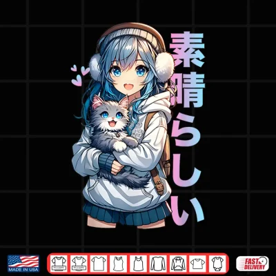 Design Cute Anime Girl with a Cat for Cat Lover Kawaii Otaku Manga Shirt