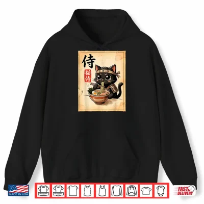 Hoodie Samurai Black Cat Eating Ramen Japanese Manga Style Shirt
