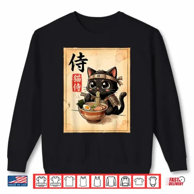 Sweatshirt Samurai Black Cat Eating Ramen Japanese Manga Style Shirt