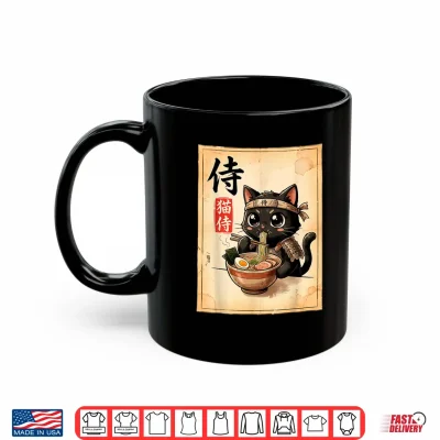 Mug Samurai Black Cat Eating Ramen Japanese Manga Style Shirt