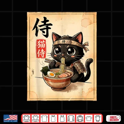 Design Samurai Black Cat Eating Ramen Japanese Manga Style Shirt
