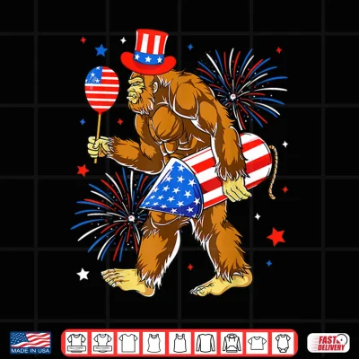 Design Bigfoot Firework American Flag Bigfoot 4th of July Sasquatch Shirt 3