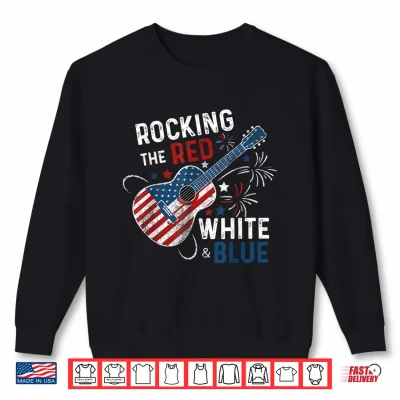 Sweatshirt Rocking The Red White and Blue Guitar 4th Of July Musician Shirt 3