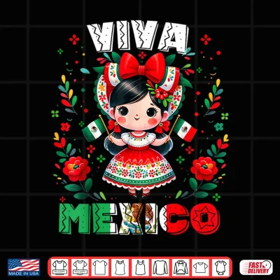 Design Viva Mexico Mexican Girl Flag Independence Day Girls Kids Shirt 3