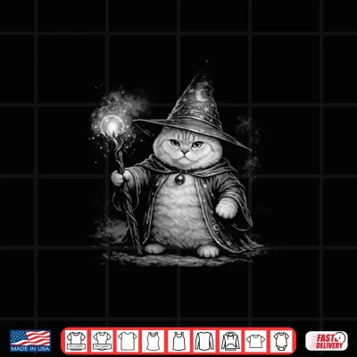 Design Wizard Cat Magic Fantasy Funny Vintage Tabby Meme Shirt