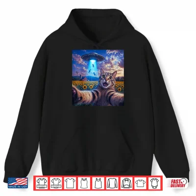 Hoodie Cat Selfie with Alien UFO Funny Cat Gifts for Men Women Kid Shirt