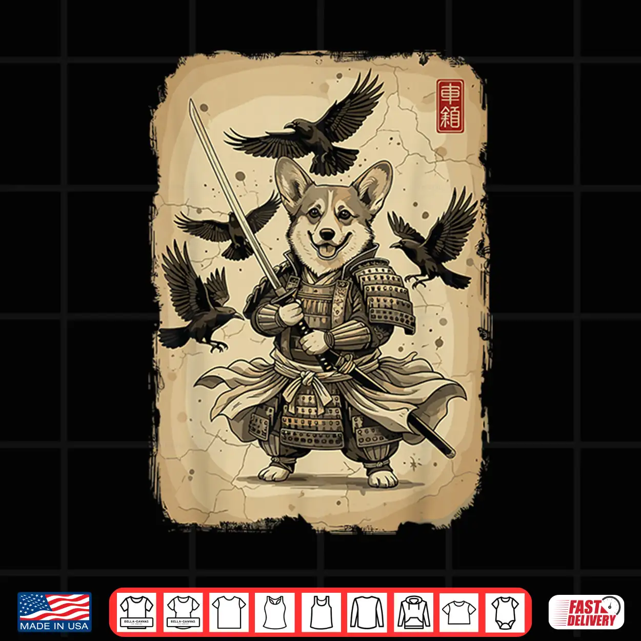 Samurai Corgi Dog Shirt Warrior Vintage Graphic Japanese Men Shirt