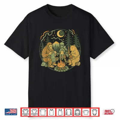 Campfire Knitting Friends Retro Bigfoot Alien Bear Knitting Shirt