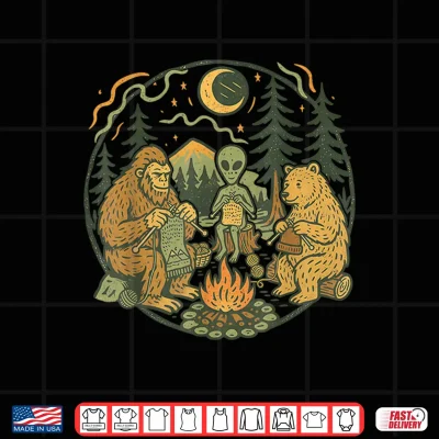 Design Campfire Knitting Friends Retro Bigfoot Alien Bear Knitting Shirt