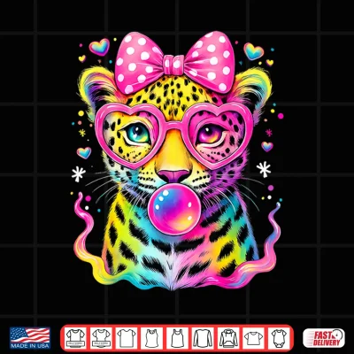 Design Funny Leopard Glasses Blowing Bubble Gum Back To School Kids Shirt