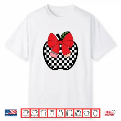Retro Back To School Teacher Race Checkered Apple Pencil Bow Shirt