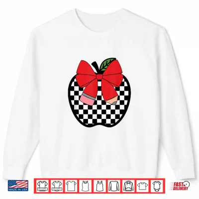 Sweatshirt Retro Back to School Teacher Race Checkered Apple Pencil Bow Shirt