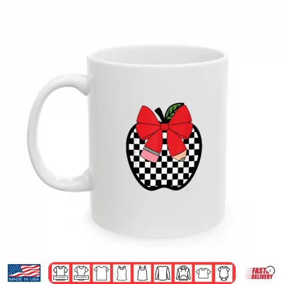 Mug Retro Back to School Teacher Race Checkered Apple Pencil Bow Shirt