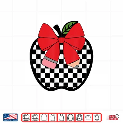 Design Retro Back to School Teacher Race Checkered Apple Pencil Bow Shirt