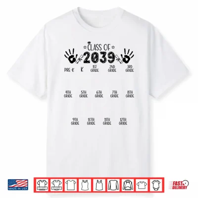 Class Of 2039 Grow With Me Graduation Years Handprint Shirt