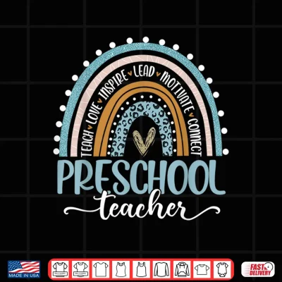 Design Preschool Teacher Leopard Boho Rainbow Back To School Shirt