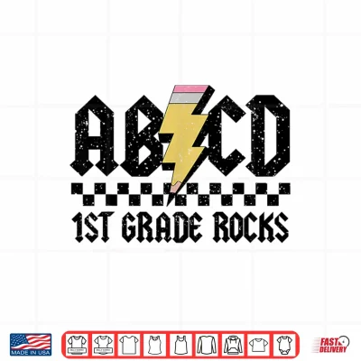 Design First Grade Rock And Roll Letters A B C D Alphabet Back To School Shirt