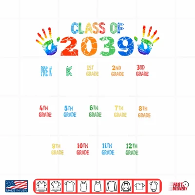 Design Class of 2039 Grow With Me Color Handprint Pre K 12th Grade Shirt