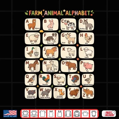 Design Farm Animal Alphabet ABC Chart School Barnyard Agriculture Shirt