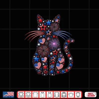 Design Patriotic Cat 4th of July Funny Cat Mom USA Flag Fireworks Shirt