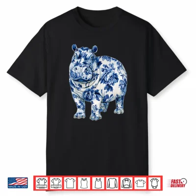 Floral Hippopotamus Chinoiserie Blue Toile Flowers Hippo Shirt