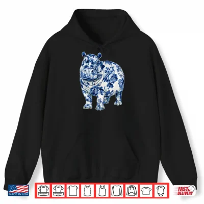 Hoodie Floral Hippopotamus Chinoiserie Blue Toile Flowers Hippo Shirt 2