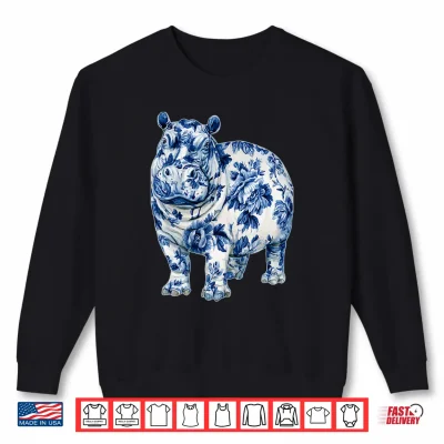 Sweatshirt Floral Hippopotamus Chinoiserie Blue Toile Flowers Hippo Shirt 2
