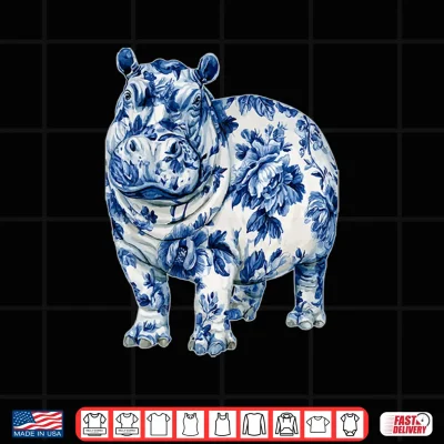 Design Floral Hippopotamus Chinoiserie Blue Toile Flowers Hippo Shirt 1