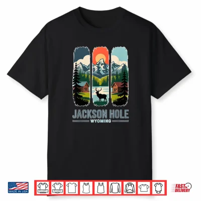 Jackson Hole Wyoming Elk Mountain Cabin Retro Travel Art Shirt