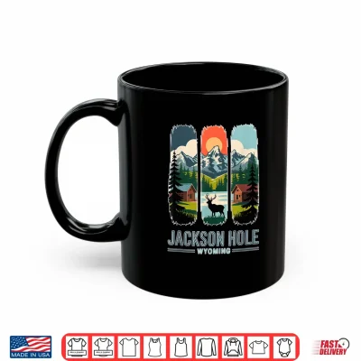 Mug Jackson Hole Wyoming Elk Mountain Cabin Retro Travel Art Shirt