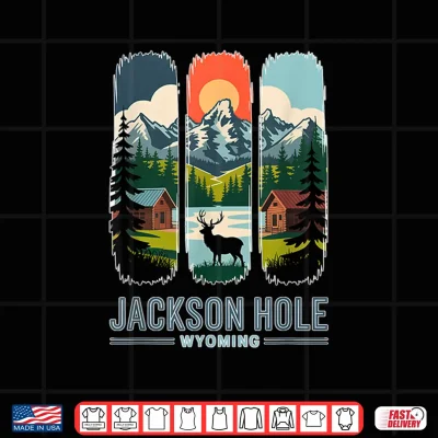 Design Jackson Hole Wyoming Elk Mountain Cabin Retro Travel Art Shirt