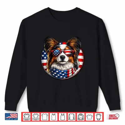 Sweatshirt Patriotic American Flag Papillon Dog Sunglasses 4th of July Shirt