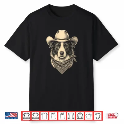 Vintage Border Collie Dog Cowboy Hat Bandana Retro Western Shirt