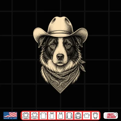 Design Vintage Border Collie Dog Cowboy Hat Bandana Retro Western Shirt