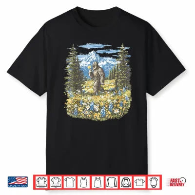 Bigfoot In Flower Field Mountain Hiking Nature Sasquatch Shirt