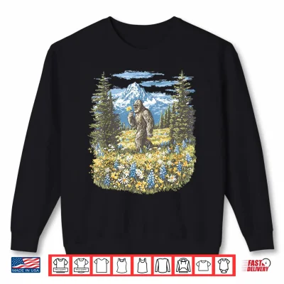 Sweatshirt Bigfoot in Flower Field Mountain Hiking Nature Sasquatch Shirt