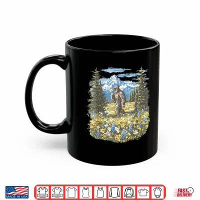 Mug Bigfoot in Flower Field Mountain Hiking Nature Sasquatch Shirt