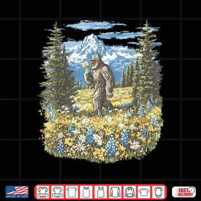 Design Bigfoot in Flower Field Mountain Hiking Nature Sasquatch Shirt
