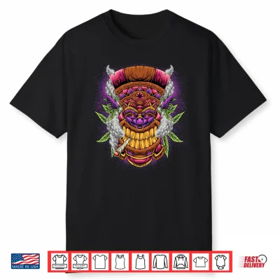 Mens Funny Weed Marijuana Smoking Tiki Man Totem Mask Performance Shirt