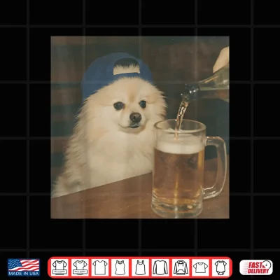 Design Vintage Pomeranian Drinking Beer Funny Dog Meme Shirt