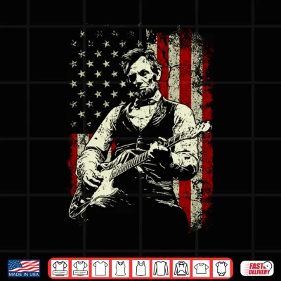 Design Abraham Lincoln Playing Guitar Rock and Roll American Flag Performance Shirt