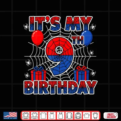 Design Its My 9th Birthday Boy 9 Year Old Spider Web Birthday Party Shirt