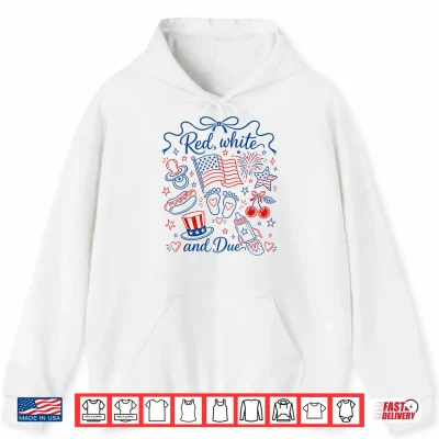 Hoodie Red White and Due 4th of July Pregnancy Reveal Coquette Bow Shirt