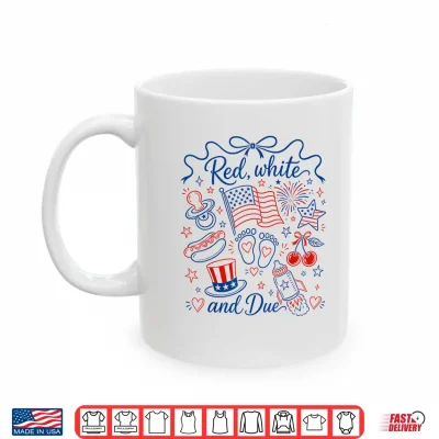 Mug Red White and Due 4th of July Pregnancy Reveal Coquette Bow Shirt