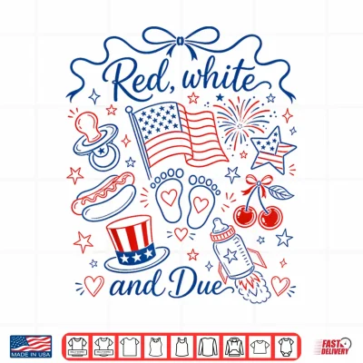 Design Red White and Due 4th of July Pregnancy Reveal Coquette Bow Shirt