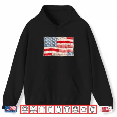 Hoodie Vintage Faux Patchwork US Flag Patriotic Print 4th of July Shirt