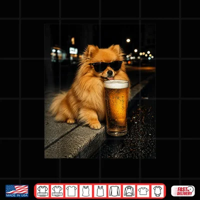 Design Funny Pomeranian Drinking Beer Vintage Dog Lover Meme Humor Shirt