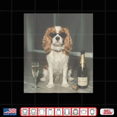 Design Funny Cavalier King Charles Drinking Champagne Meme Graphic Shirt