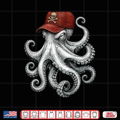 Design On Back Octopus with Skull and Crossbones Cap Pirate Octopus Shirt